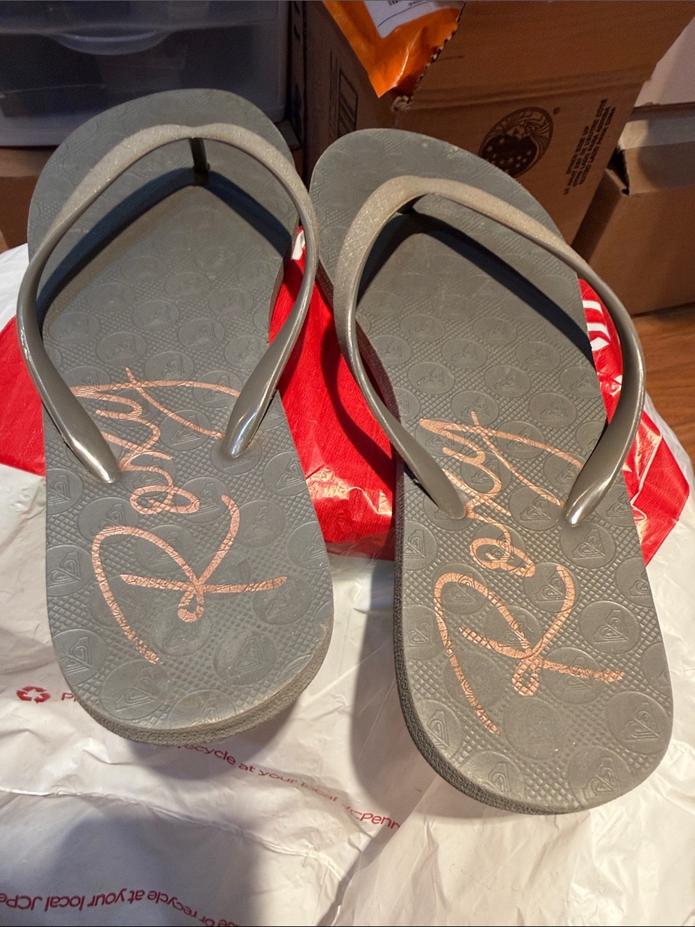 Roxy Gray Flip Flop Sandals with Rose Gold Logo